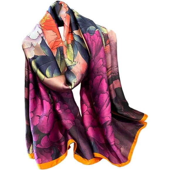 Scarfs Lightweight Print Floral Peach Blossom&rose Red